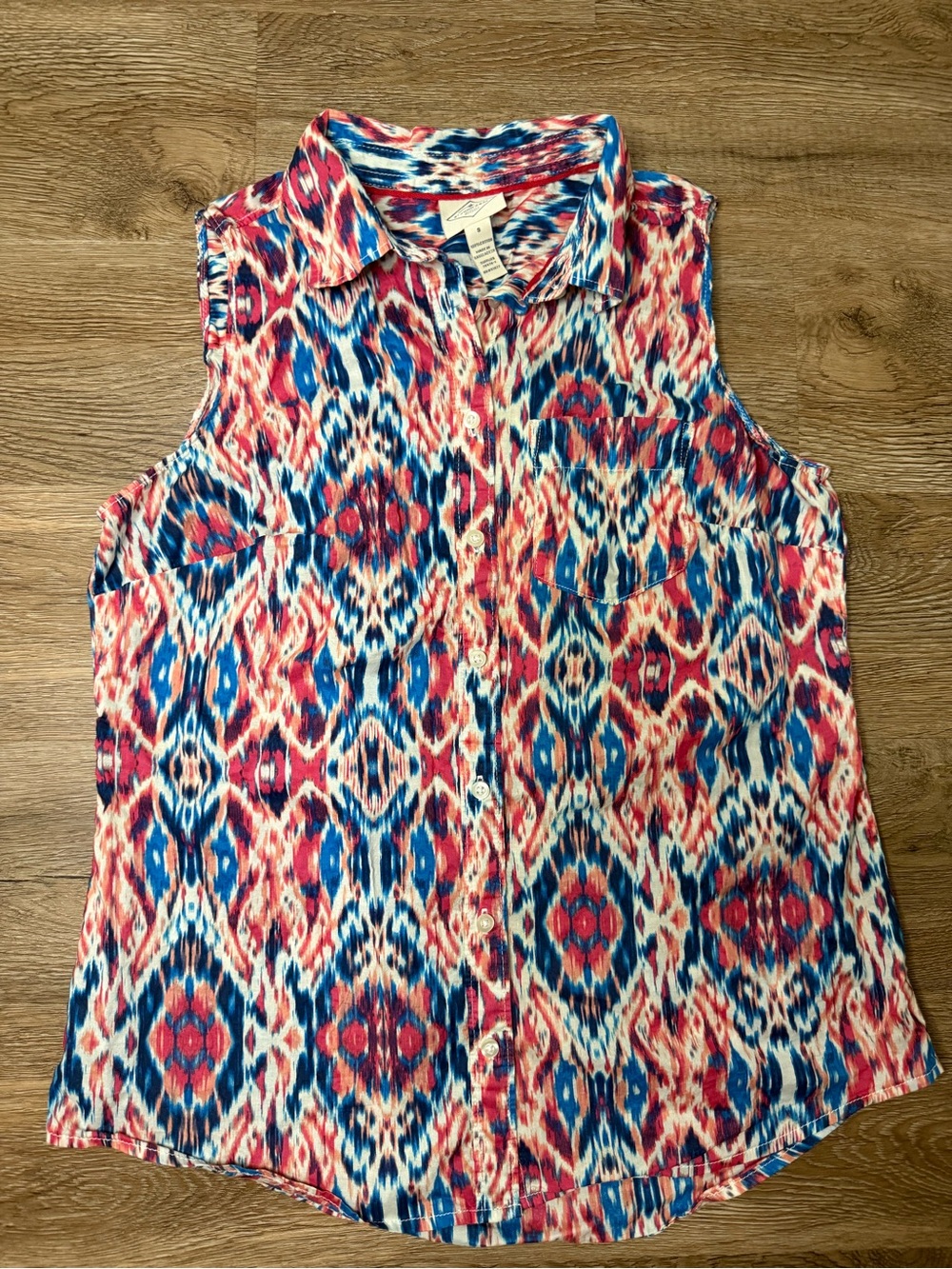 St John’s Bay 100% Cotton Sleeveless Ikat Print Button-Front Top in Coral + Blue